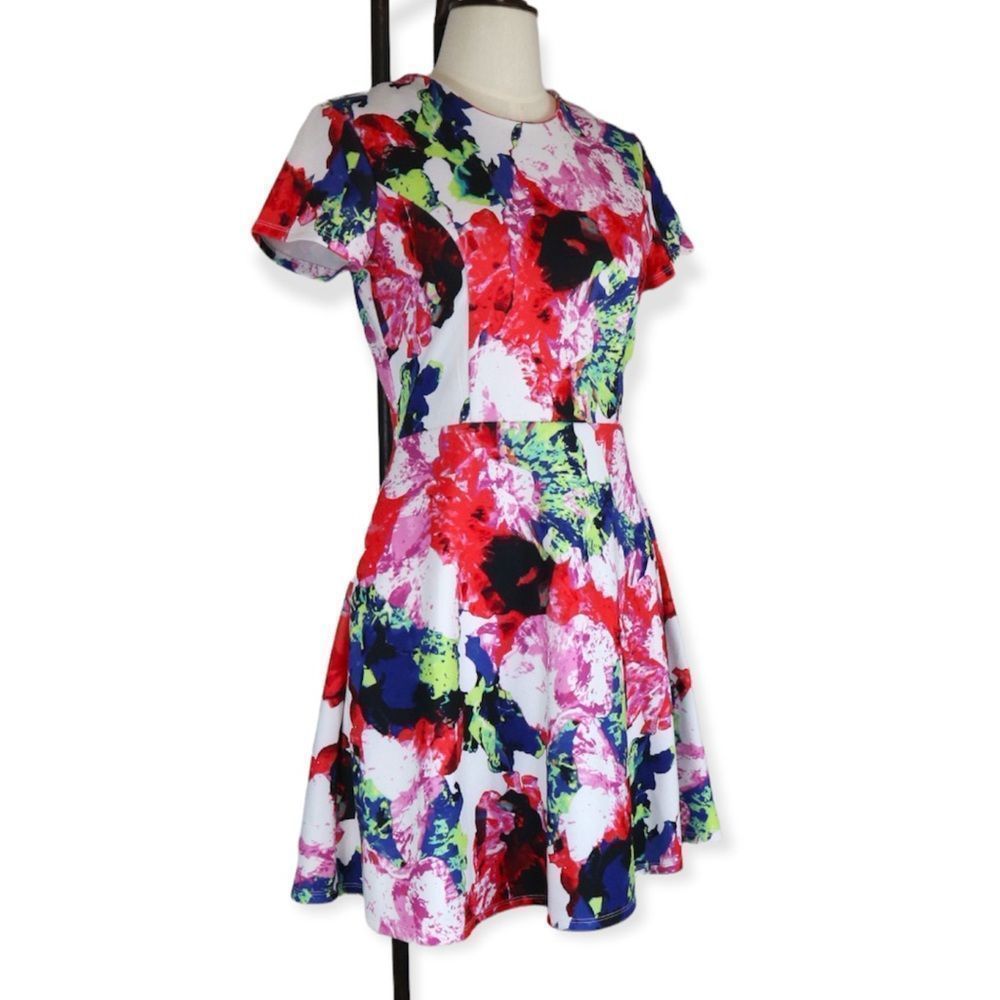 Milly White & Multicolored Watercolor A-Line Short Sleeve Midi Dress 10